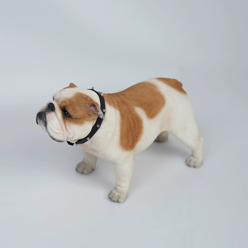 "1/3 scale British Bulldog dog simulation models, one brown and white and the other pure white, standing side by side."