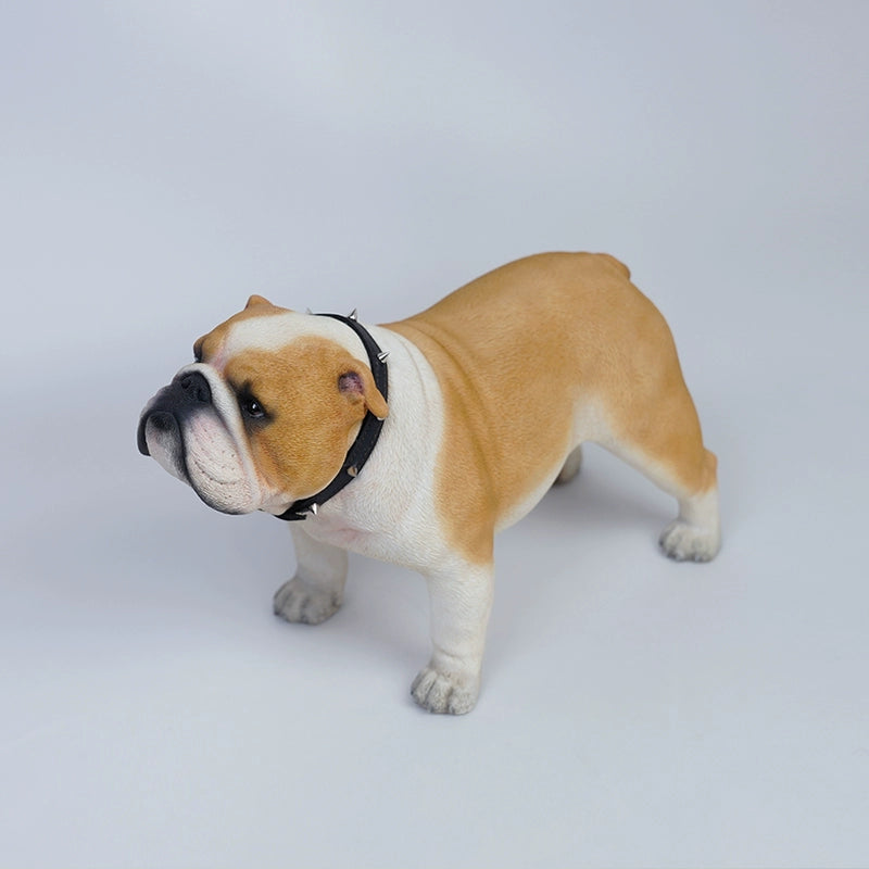 "1/3 scale British Bulldog dog simulation models, one brown and white and the other pure white, standing side by side."