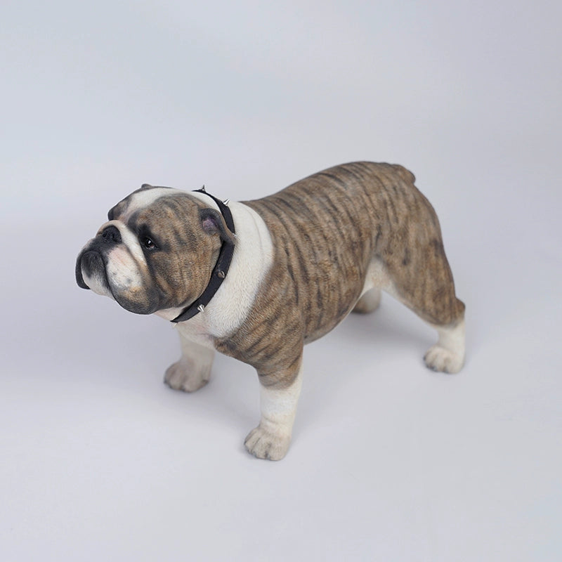 "1/3 scale British Bulldog dog simulation models, one brown and white and the other pure white, standing side by side."
