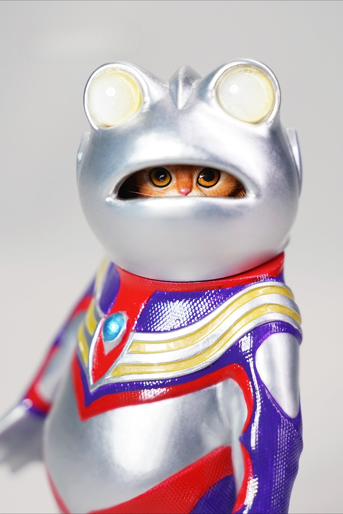 This Ultrafrog action figure features a frog body with a removable cat head sculpture, made of durable vinyl. The figure measures 9 x 5 x 16 cm and includes a magnetic headpiece that can rotate, making it a fun and customizable collectible for fans of unique hybrid figures, superheroes, and creative designs.