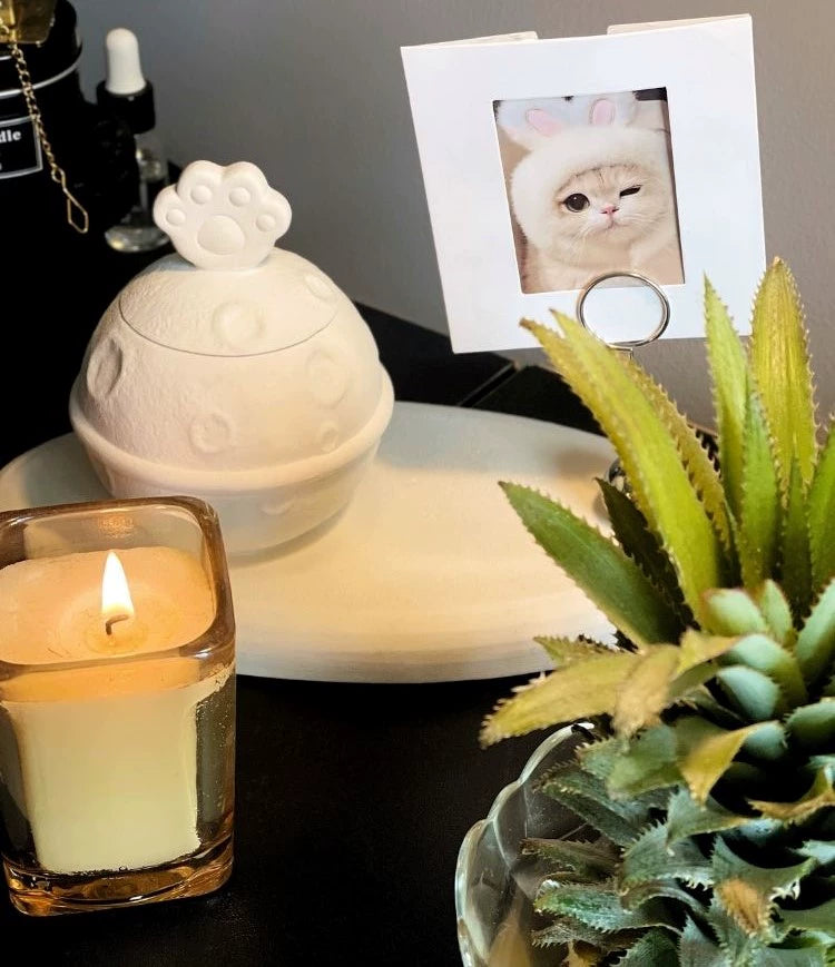This white moon paw ceramic pet urn features a unique moon-shaped design with a paw print lid and detachable photo frame, measuring 22cm wide and 8cm tall with a 1-2cm base, holding 250ml of ashes. Perfect for North American pet owners honoring small pets like cats or dogs, it offers secure storage and a personalized memorial display for shelves or tables.