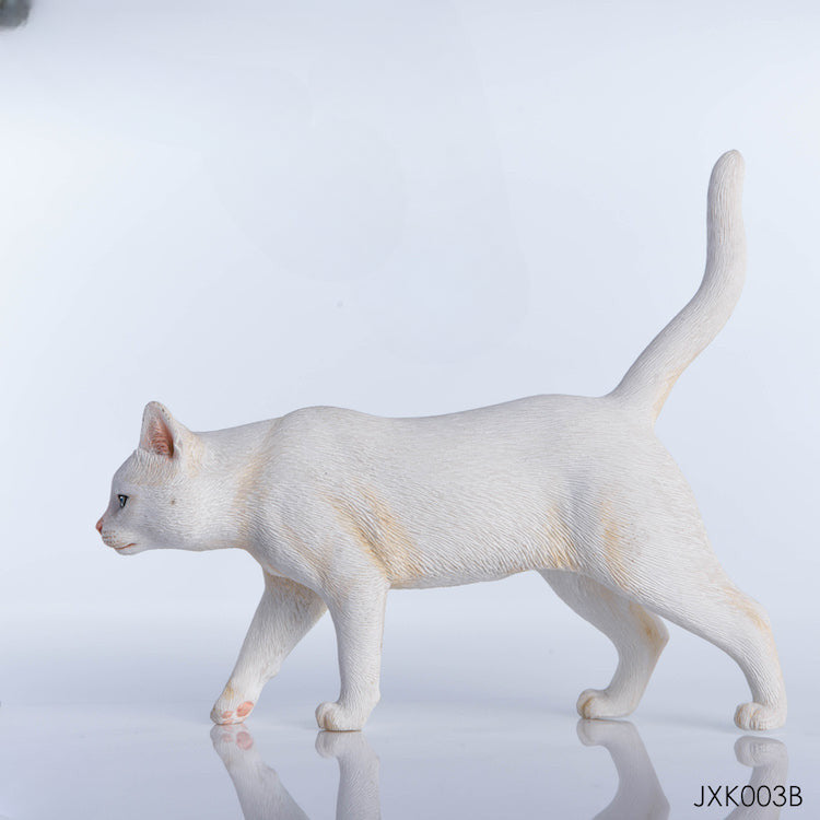 "Set of four 1/6 scale Chinese Felis Catus cat models in various colors, featuring lifelike details and walking poses."