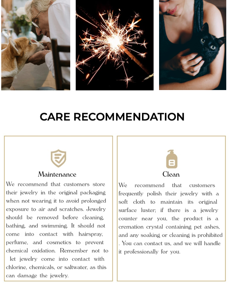 Care recommendations for silver jewelry, emphasizing proper storage, maintenance, and cleaning practices to preserve the quality and shine of the jewelry, with a focus on preventing chemical oxidation and damage.