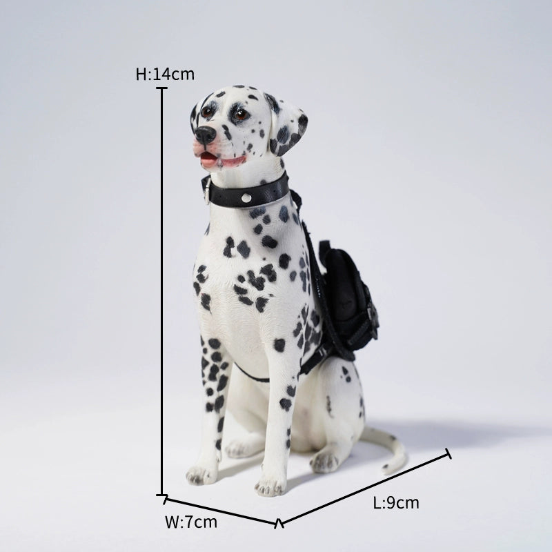 1/6 scale Dalmatian dog simulation model with realistic features, including a detachable head, accessories, and a small pup figure.