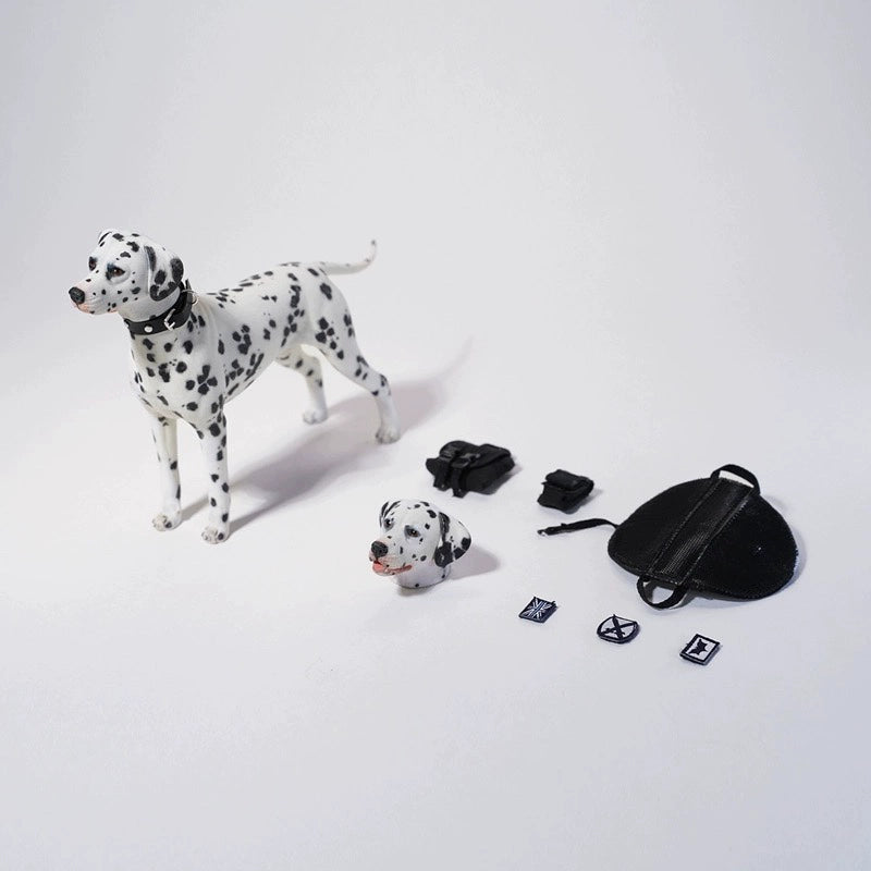 1/6 scale Dalmatian dog simulation model with realistic features, including a detachable head, accessories, and a small pup figure.