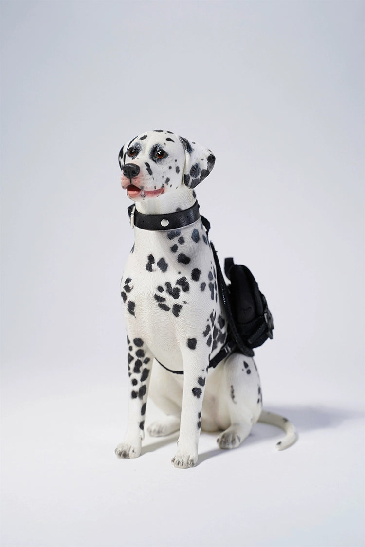 1/6 scale Dalmatian dog simulation model with realistic features, including a detachable head, accessories, and a small pup figure.