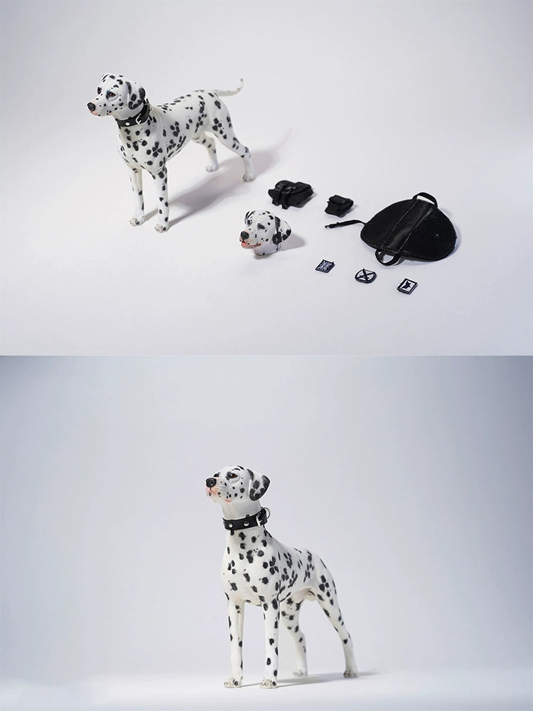 1/6 scale Dalmatian dog simulation model with realistic features, including a detachable head, accessories, and a small pup figure.