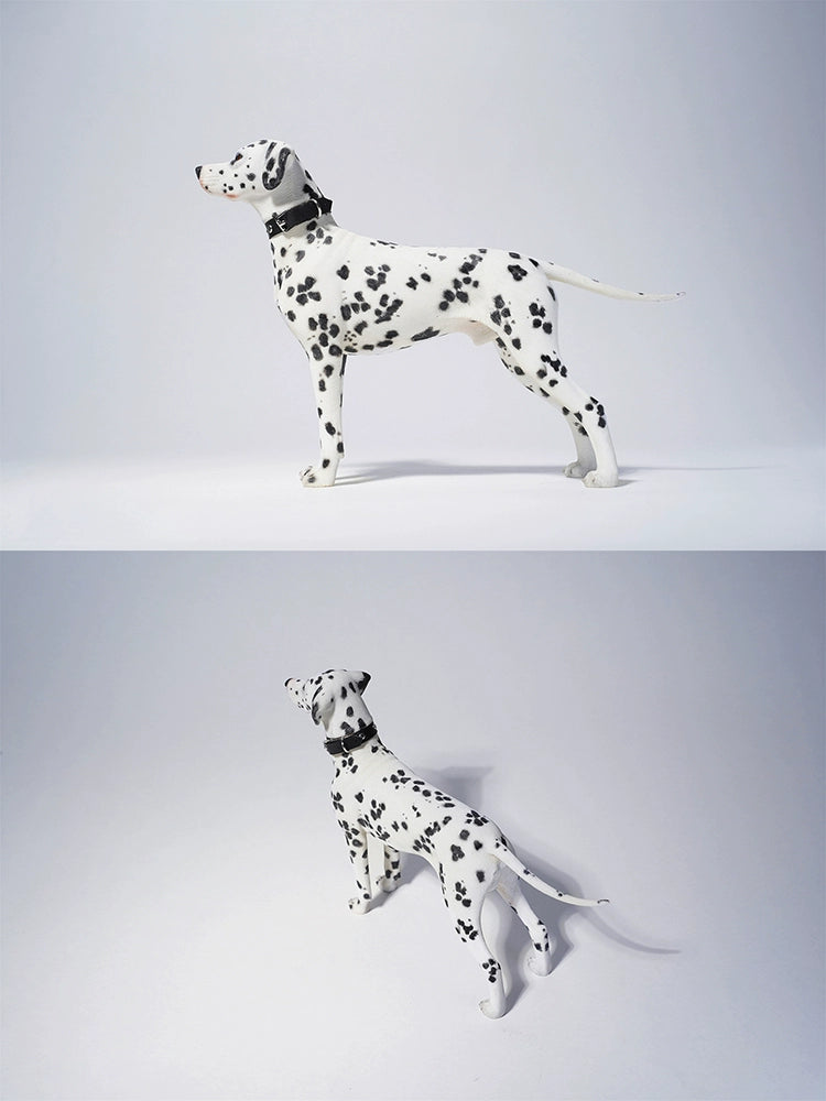 1/6 scale Dalmatian dog simulation model with realistic features, including a detachable head, accessories, and a small pup figure.