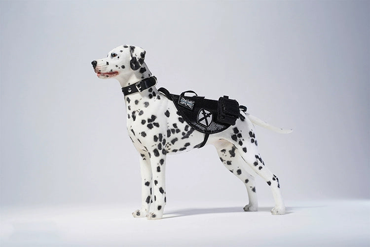 1/6 scale Dalmatian dog simulation model with realistic features, including a detachable head, accessories, and a small pup figure.