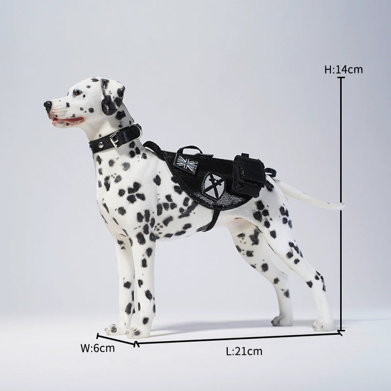 1/6 scale Dalmatian dog simulation model with realistic features, including a detachable head, accessories, and a small pup figure.