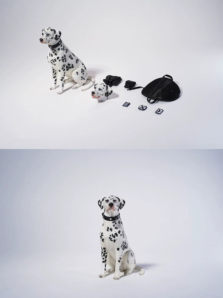 1/6 scale Dalmatian dog simulation model with realistic features, including a detachable head, accessories, and a small pup figure.