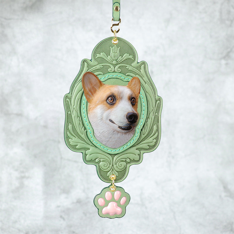 Lace-Edged Handcrafted Pet Portrait Leather Carvings - Personalized Artistic Keepsakes Collection.