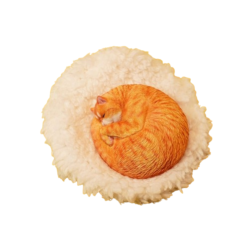 An intricately detailed 1/6 scale resin model of an orange cat sleeping curled up on a fluffy white cushion. The realistic texture and serene posture make it a perfect collectible for cat lovers.